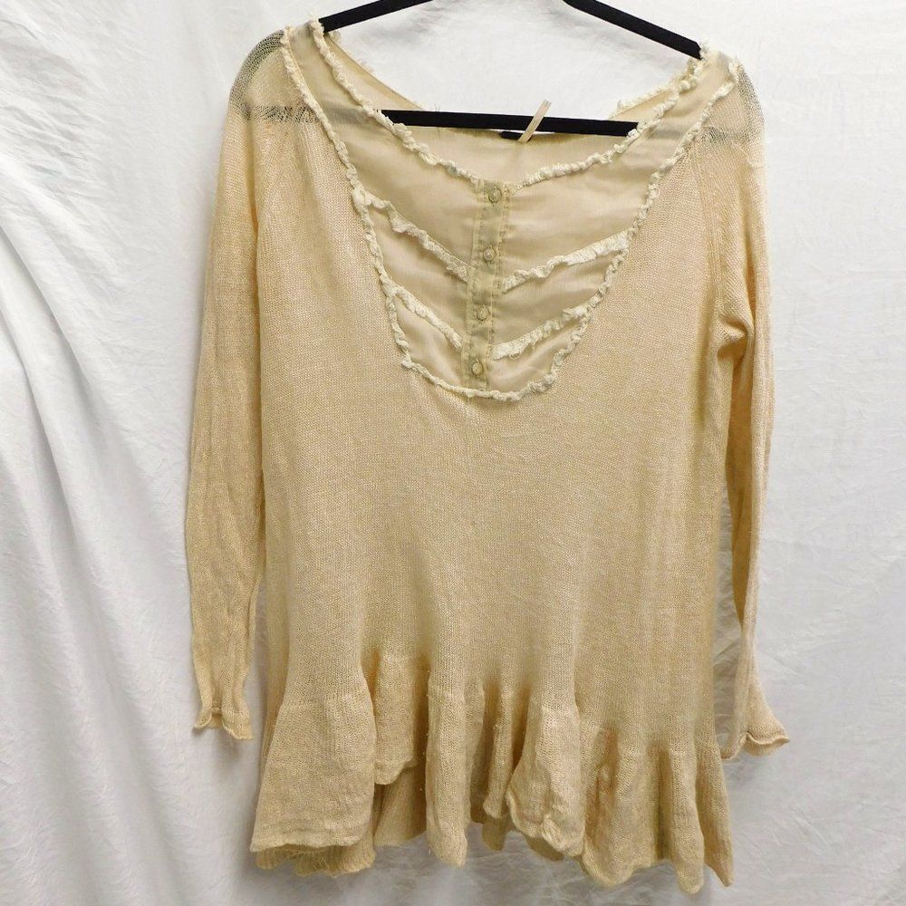 Free People S Beige Lace Embroidered Sheer Bib Sweater EUC - Picture 2 of 5